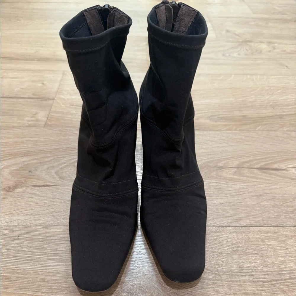 DKNY Dark Brown Stretchy Sock Bootie back zip square toe  made in Spain 8